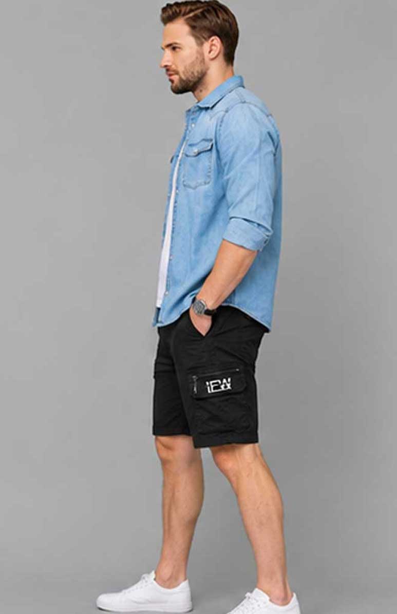 Men’s Elasticated Waist Light weight Cargo Combat Multi Pocket Black Short