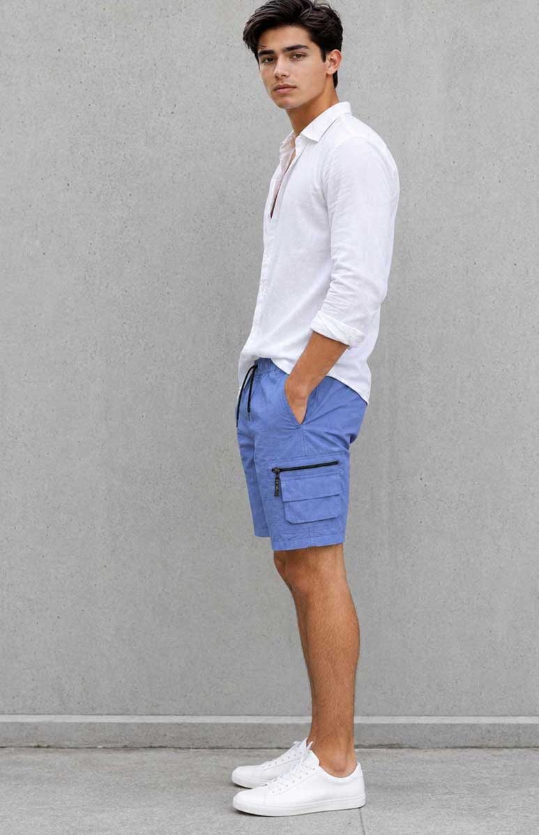 Men’s Cargo Combat Multi Pocket Elastic Waist Lightweight Blue Short