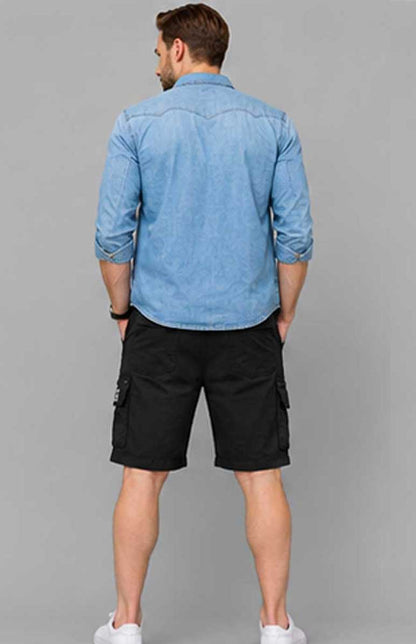 Men’s Elasticated Waist Light weight Cargo Combat Multi Pocket Black Short