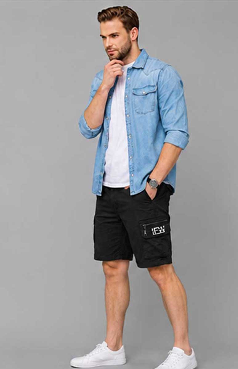 Men’s Elasticated Waist Light weight Cargo Combat Multi Pocket Black Short
