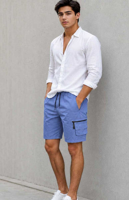 Men’s Cargo Combat Multi Pocket Elastic Waist Lightweight Blue Short