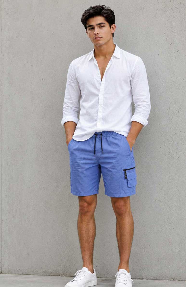 Men’s Cargo Combat Multi Pocket Elastic Waist Lightweight Blue Short