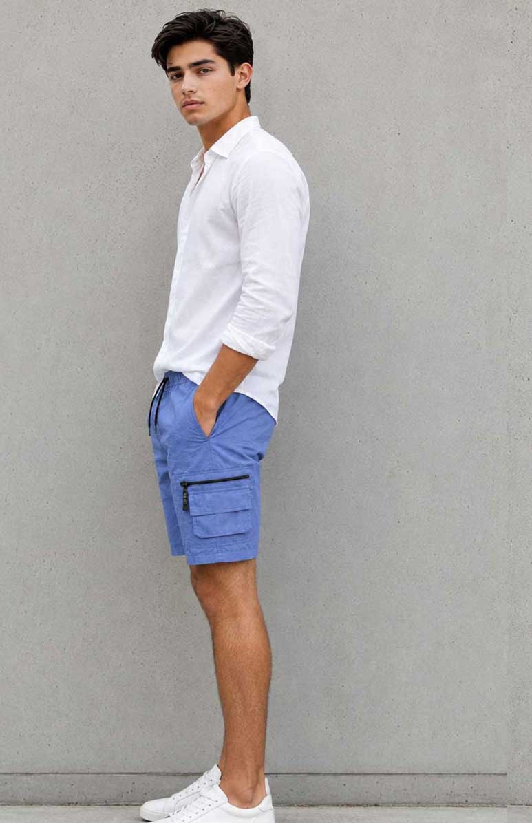 Men’s Cargo Combat Multi Pocket Elastic Waist Lightweight Blue Short
