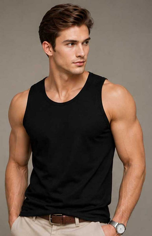 MEN'S Black VEST 100% Cotton TANK TOP SUMMER TRAINING GYM