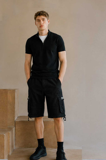 Men's Multi-Pocket Cargo Combat Denim Black Short