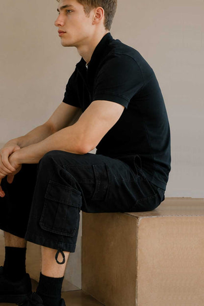 Men's Multi-Pocket Cargo Combat Denim Black Short