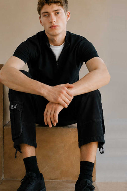 Men's Multi-Pocket Cargo Combat Denim Black Short