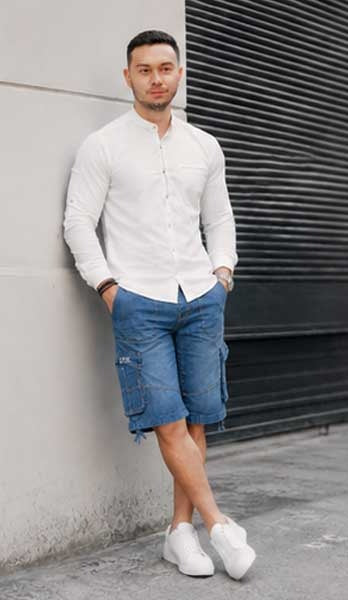Men's Combat Style Multi-Pocket Denim Cargo Royal Blue Short