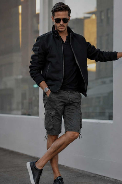 Men's Relaxed Fit Multi-Pocket Cargo Denim Dark Grey Short