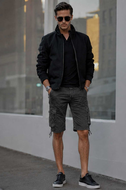 Men's Relaxed Fit Multi-Pocket Cargo Denim Dark Grey Short
