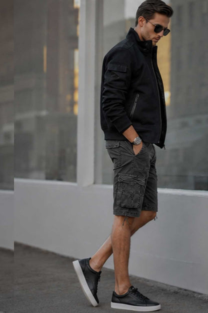 Men's Relaxed Fit Multi-Pocket Cargo Denim Dark Grey Short