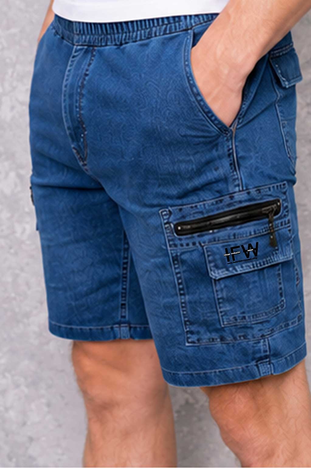 Men's Lightweight Cargo Combat Denim Short with Elastic Waist & Multiple Pockets