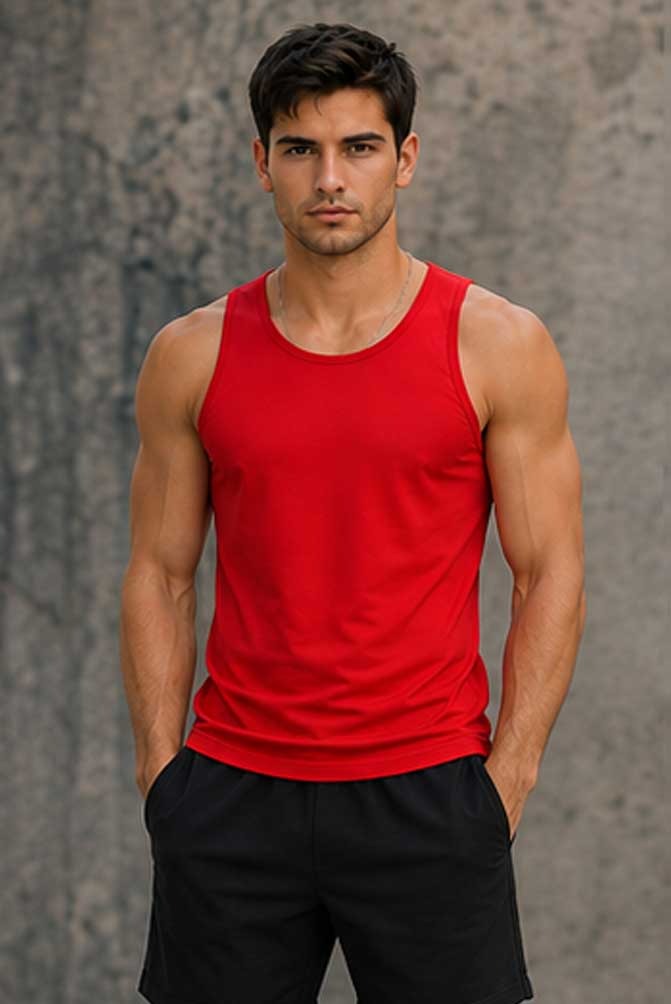Men's 100% Cotton Red Vest Sleeveless Training Gym Workout Summer Casual Top