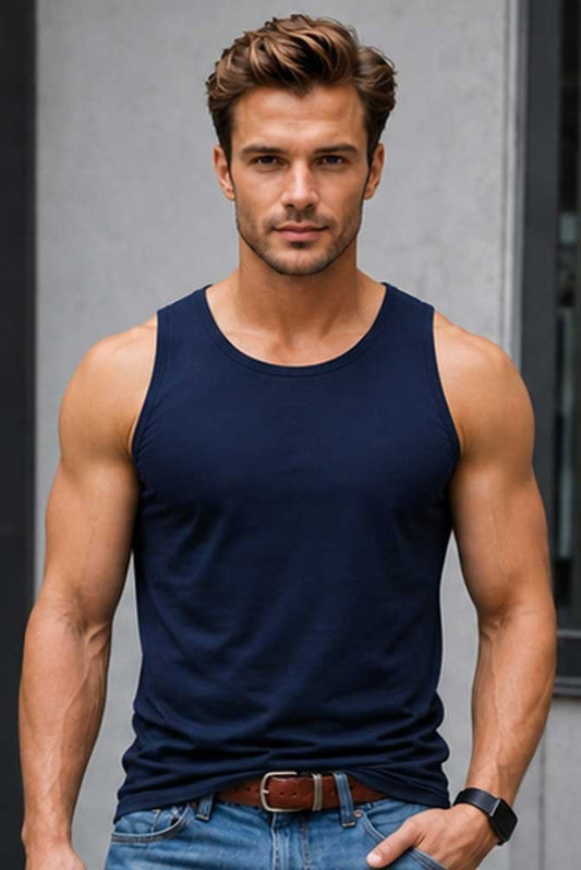 Men's 100% Cotton Sleeveless Navy Vest Tank Top Lightweight Gym Fitness Wear