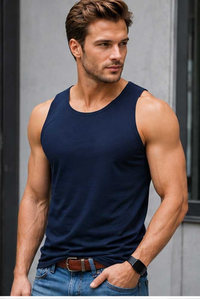 Men's 100% Cotton Sleeveless Navy Vest Tank Top Lightweight Gym Fitness Wear