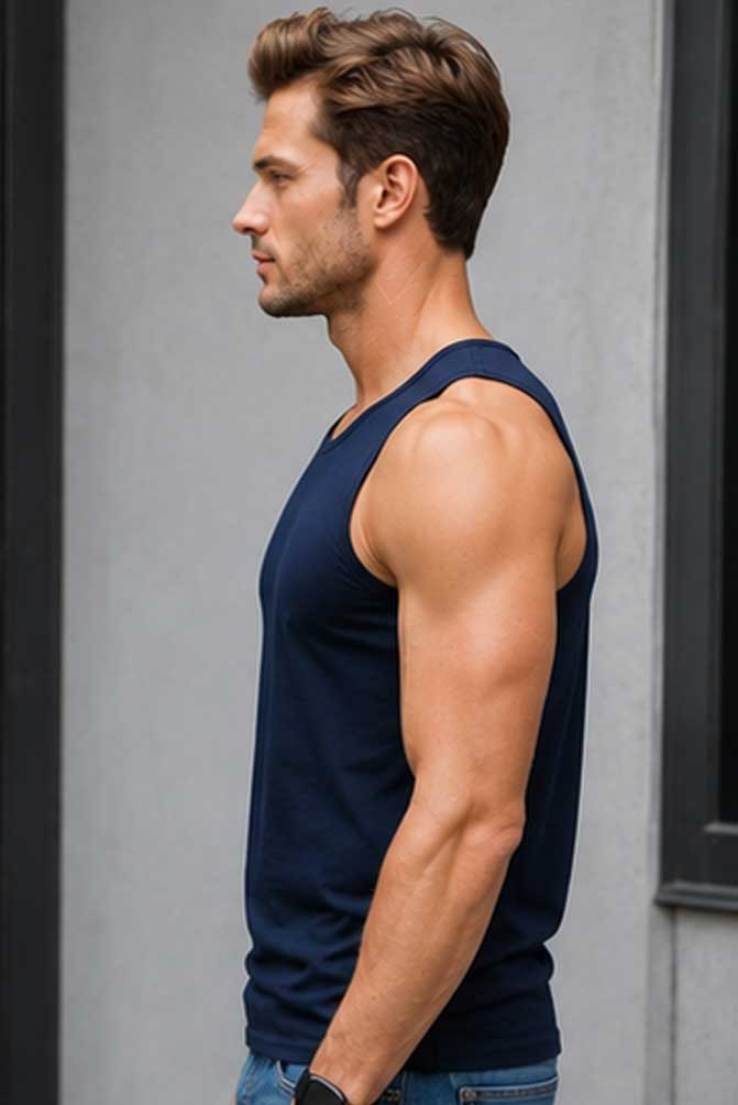 Men's 100% Cotton Sleeveless Navy Vest Tank Top Lightweight Gym Fitness Wear