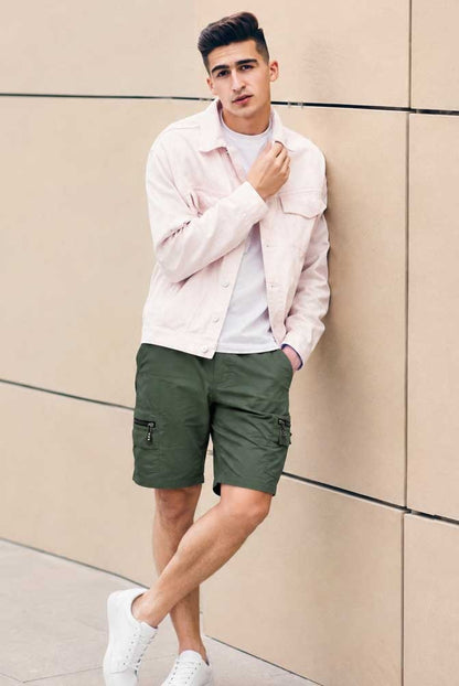 Men's Elasticated Waist Lightweight Cargo Combat Olive Green Short Multi Pocket Casual Work Short