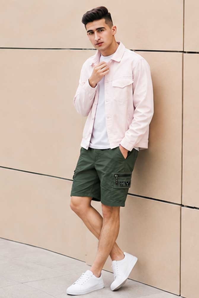 Men's Elasticated Waist Lightweight Cargo Combat Olive Green Short Multi Pocket Casual Work Short