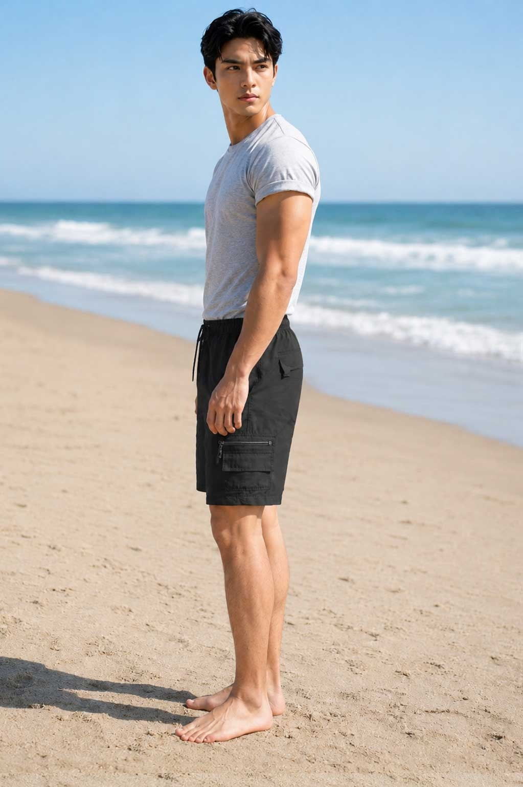 Men's Cargo Combat Black Short – Lightweight Multi Pocket Elastic Waist Casual Short