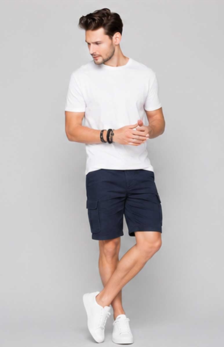 Men's Lightweight Twill Cargo Navy Short with Belt & Multiple Pockets