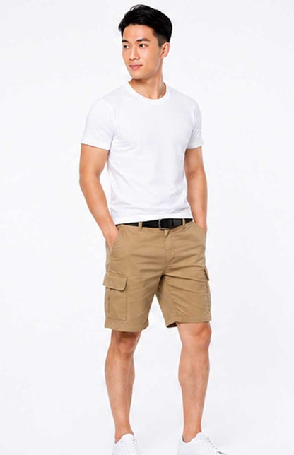 Men's Casual Cotton Twill Belted Multi-Pocket Beige Short for Summer